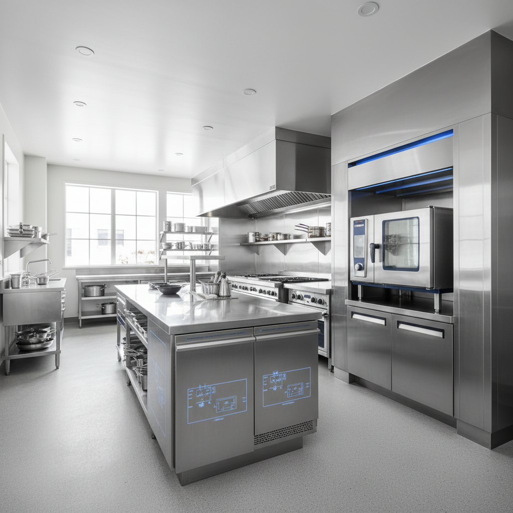 Upscale commercial kitchen with prep and cooking equipment