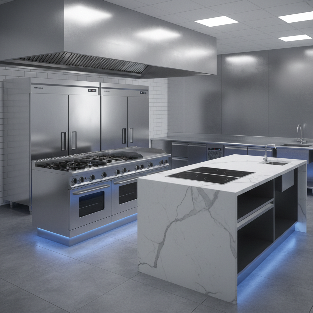 Luxury commercial kitchen with stainless Atosa-style refrigeration