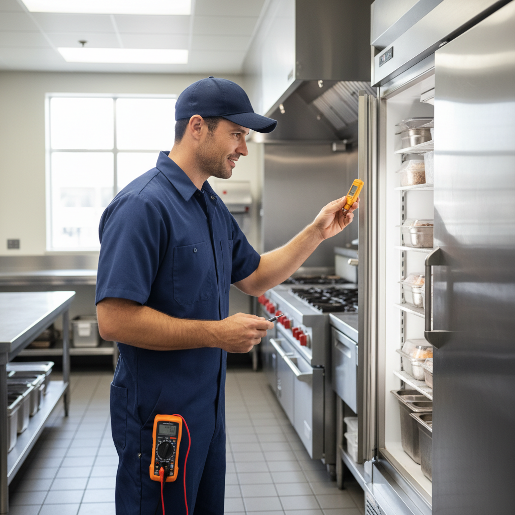 Professional technician inspecting a commercial Atosa-style refrigerator